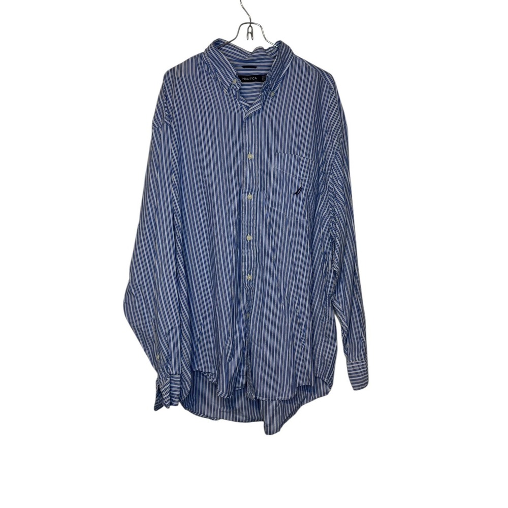Nautica Men Shirt Striped Button Up Long Sleeve Casual Pocket Logo‎ Blue Size XL